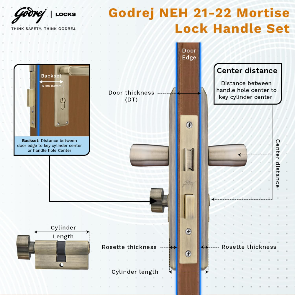 Godrej Mortise Lock|Handle Lock Set for Main & Internal Door of Home & Offices|NEH 21|Antique Brass Finish|8 inch Lockbody|60 mm Cylinder Key from Outside knob from Inside with 3 Keys|5 Years Warranty